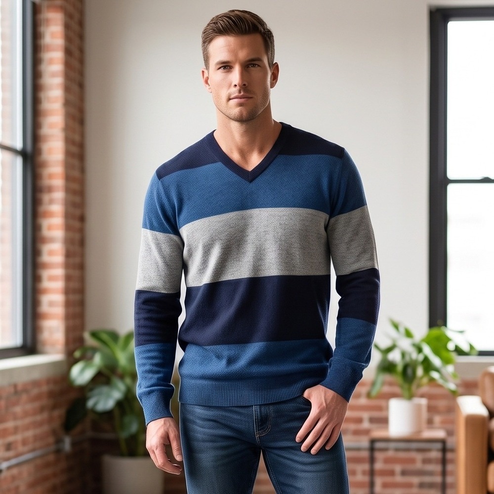 Banana Republic Mens Large Blue V-Neck Sweater Luxury Cashmere Blend Striped